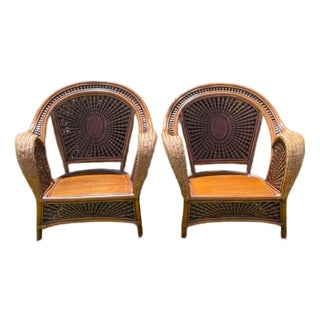 Late 20th Century "Azteca" Woven Rattan Spiderweb Lounge Chairs Featuring Distinctive Sunburst and Web Patterns For Sale