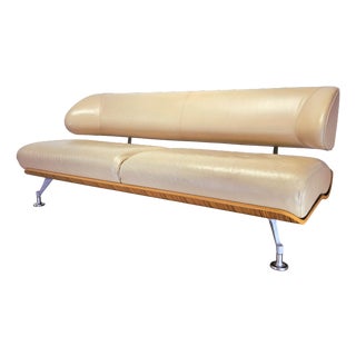 Italian Surfing Sofa in Cream Cow Leather, Wood Veneer and Stainless Steel by Pier Luigi Frighetto and Roberto Lazzeroni, 1996 For Sale