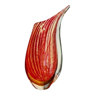 Murano Style Sommerso Art Glass Vase-Red Gold-Hand Blown-Modernist-Sculptural For Sale