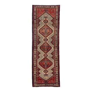 Vintage Hand-Knotted Turkish Geometric Wool Runner Rug – Terracotta, Ivory & Navy Tribal Design For Sale
