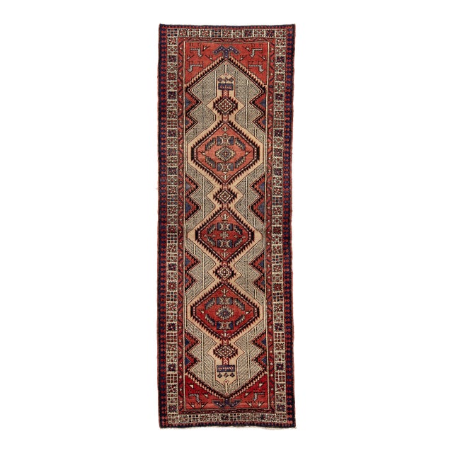 Vintage Hand-Knotted Turkish Geometric Wool Runner Rug – Terracotta, Ivory & Navy Tribal Design For Sale