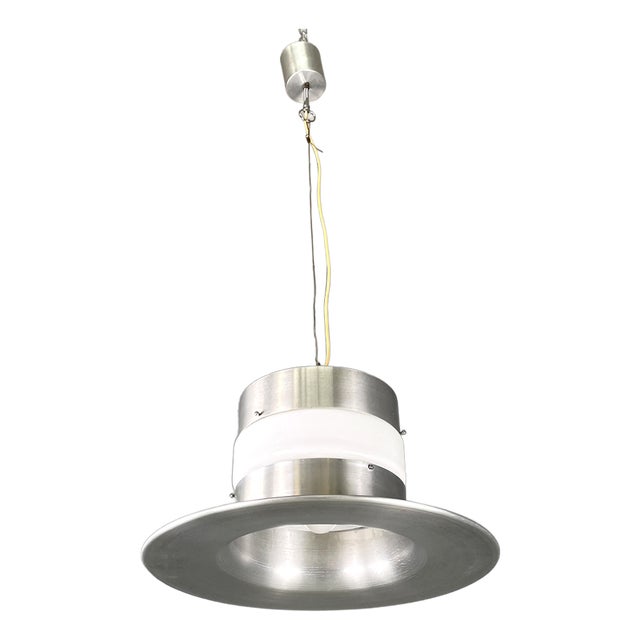 Italian Modern Round Base Pendant in Aluminum with White Glass Band, 1970s For Sale