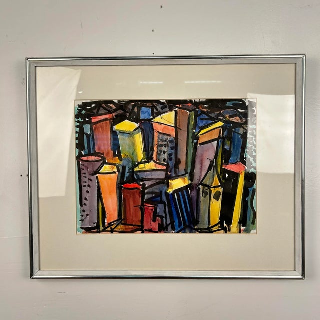 Mid 20th Century Abstract Cityscape Watercolor Framed Painting by Kenneth Marcus Hugh For Sale - Image 5 of 12