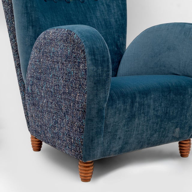 Italian High-Back Armchairs in Blue Velvet and Chenille attributed to Paolo Buffa, 1950, Set of 2 For Sale - Image 9 of 10