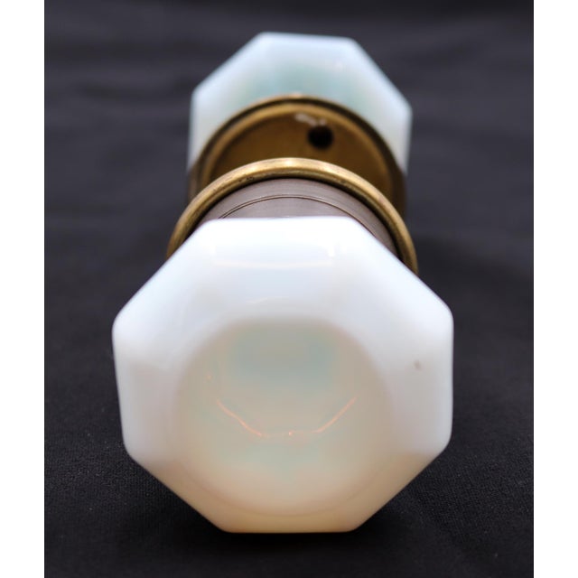 Early 20th Century Antique Wide Shank Iridescent Milk Glass Door Knob Set For Sale - Image 5 of 6