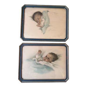 Set of Two Antique 1920s Bessie Pease Gutmann Baby Prints in Original Frames
