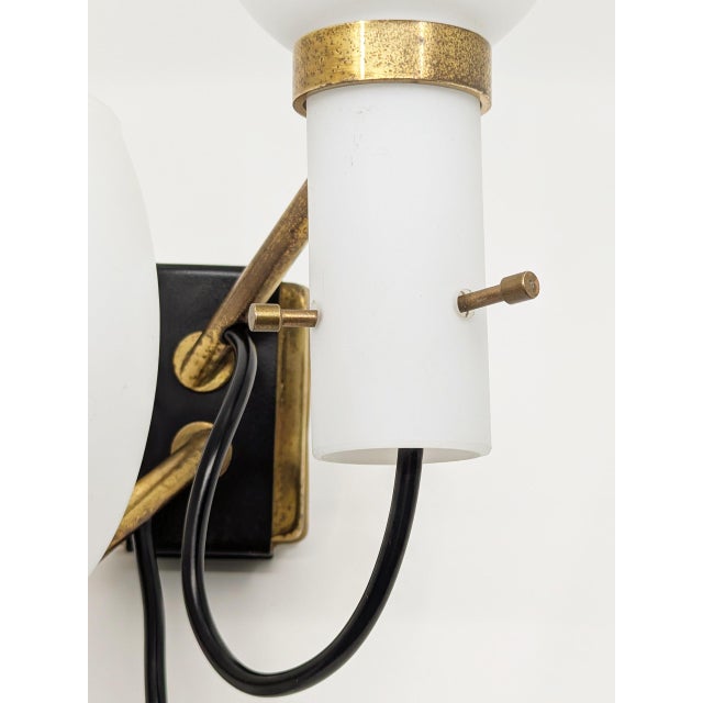 Mid-Century Italian Black Metal, Brass and Opaline Glass Sconces, 1950s, Set of 2 For Sale - Image 9 of 18