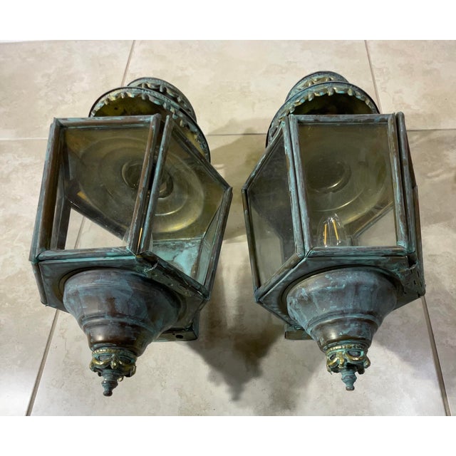 Turquoise Antique/Vintage Pair of Solid Brass Patina Exterior Wall Lanterns / Sconces For Sale - Image 8 of 18