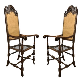 Pair of Early 20th Century European High-Back Armchairs With Cane Seats, 54"h For Sale