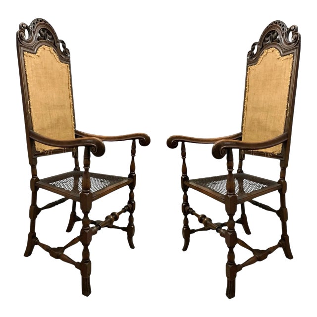 Pair of Early 20th Century European High-Back Armchairs With Cane Seats, 54"h For Sale