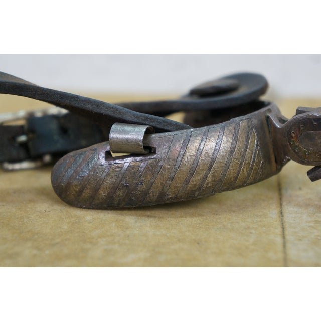 Antique Southwestern Mexican Spanish Cowboy Iron Copper Inlay Horse Spurs For Sale - Image 9 of 16