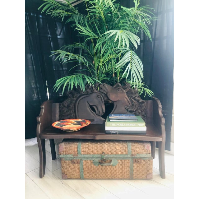 Stunning hand carved highly detailed horses heads on a beautiful Masquete wood bench, good inside or out, but it has been...