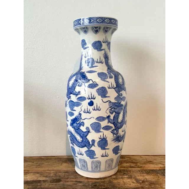 Blue Vintage Asian Blue and Whits Dragon Vase For Sale - Image 8 of 12