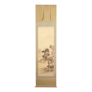 Early 20th Century Late Meiji to Early Showa Era Japanese Watercolor Scroll Painting, "Landscape With a Farm"
