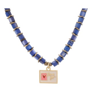Love You Enamel Heart Pendant Blue Choker Necklace For Sale