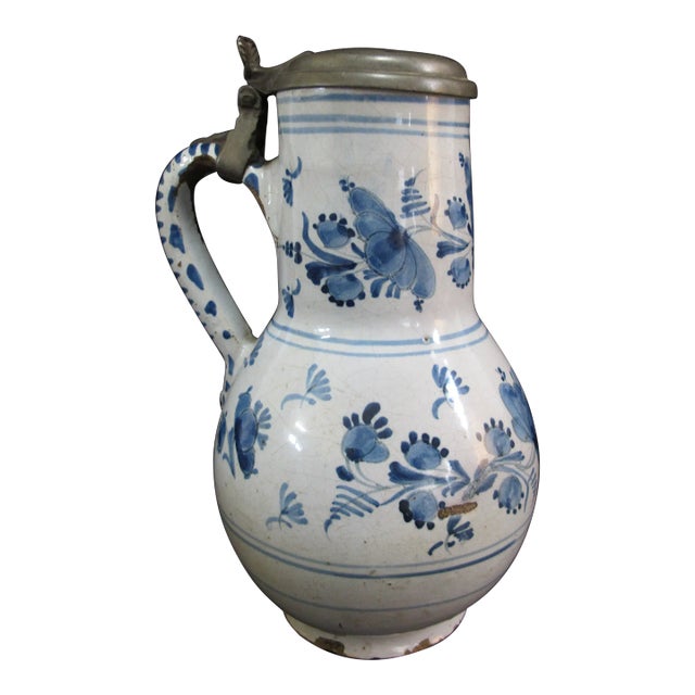 Antique 18th Century German Pewter Mounted Blue Faience Floral Tankard Birnkrug For Sale