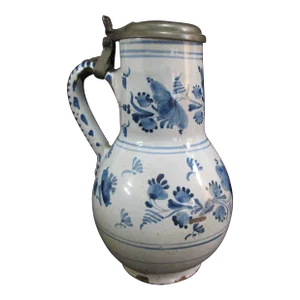 Antique 18th Century German Pewter Mounted Blue Faience Floral Tankard Birnkrug