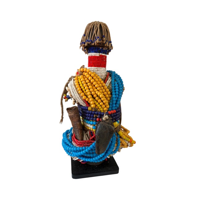 Blue Vintage African Beaded Namji Twin Fertility Dolls Cameroon 12" H W/Wood Stand For Sale - Image 8 of 9