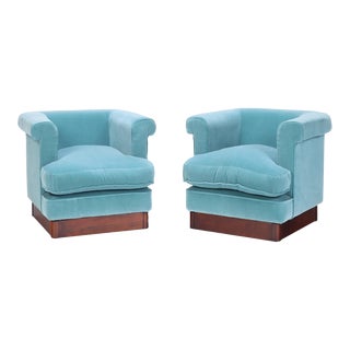 1970s Italian Blue Velvet Upholstered Club Chairs - a Pair For Sale