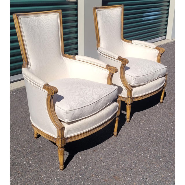 Pair Mid Century 1950s Arm Chairs White Moire Fabric For Sale In Philadelphia - Image 6 of 11