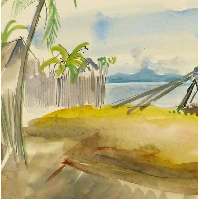 Expertly rendered watercolor landscape of boats moored along a small beach in Madagascar Africa by French artist Stephane...