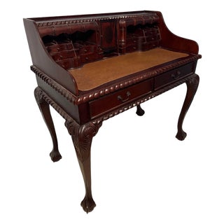 Antique Mahogany Carlton House Secretary Desk With Leather Top, Chippendale Ball and Claw For Sale