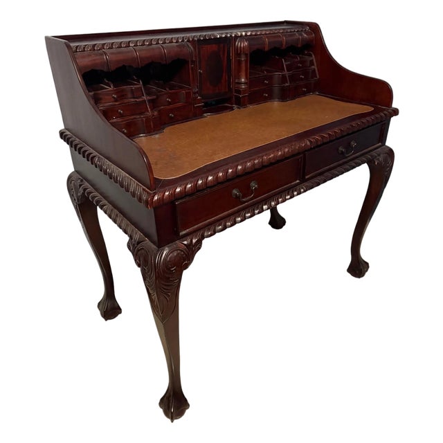 Antique Mahogany Carlton House Secretary Desk With Leather Top, Chippendale Ball and Claw For Sale