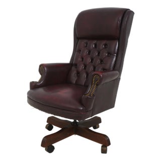 Burgundy Leather Chesterfield Style Office Desk Chair For Sale