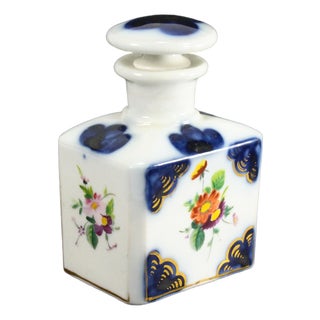 19th C. Old Paris Porcelain Perfume Vanity Bottle Blue & White Flowers & Gold For Sale
