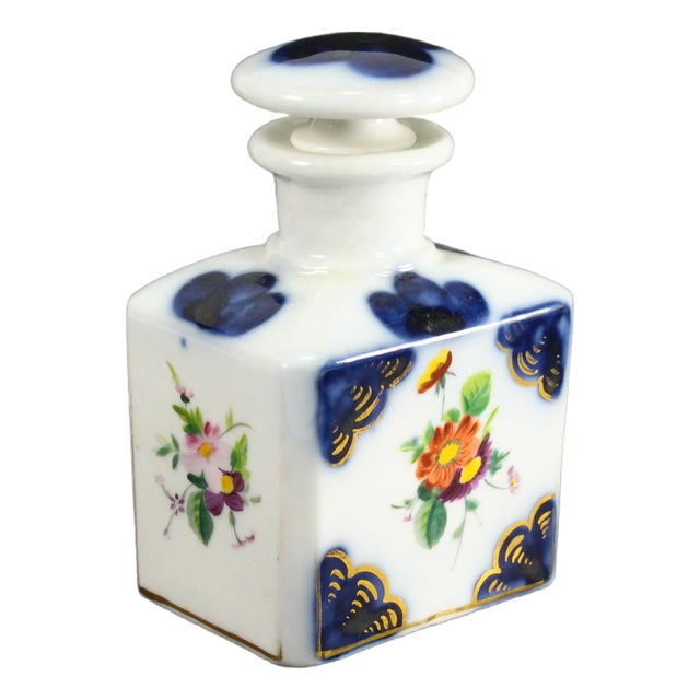 19th C. Old Paris Porcelain Perfume Vanity Bottle Blue & White Flowers & Gold For Sale