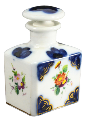 19th C. Old Paris Porcelain Perfume Vanity Bottle Blue & White Flowers & Gold