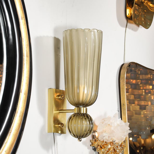 Pair of Modernist Hand-Blown Murano Fluted Glass Sconces in Frosted Smoked Topaz For Sale - Image 12 of 18