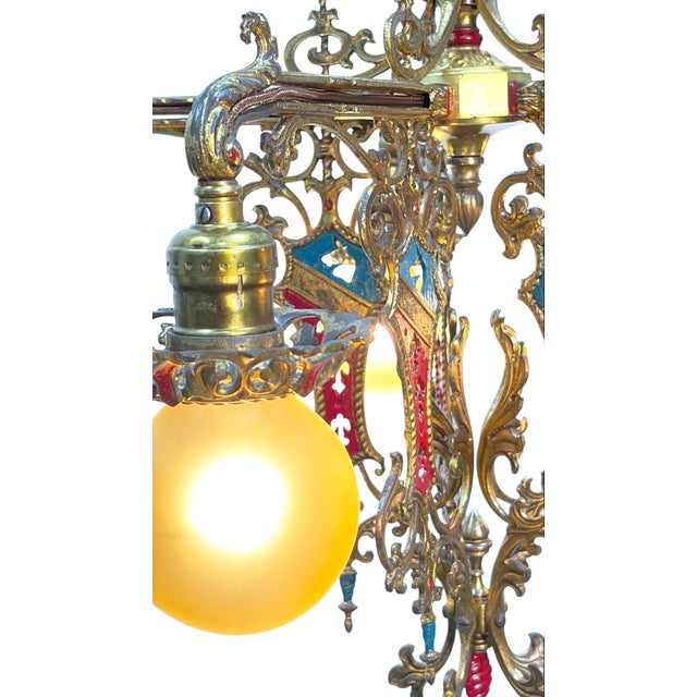 1910s Cast Brass Semi Flush Ceiling Light With Red and Blue Embellishments Circa 1915 For Sale - Image 4 of 16
