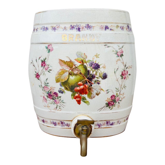 Antique English Staffordshire Brandy Ceramic Barrel Dispenser, Circa 1900 For Sale