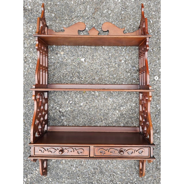 Brown Chinese Chippendale Mahogany Two Drawer Hanging Wall Shelf For Sale - Image 8 of 12