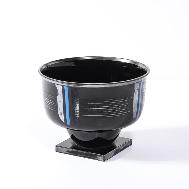 Art Deco Silvered Black Glass Linear Detailed Bowl Signed Hem by Michel Herman For Sale In New York - Image 6 of 15