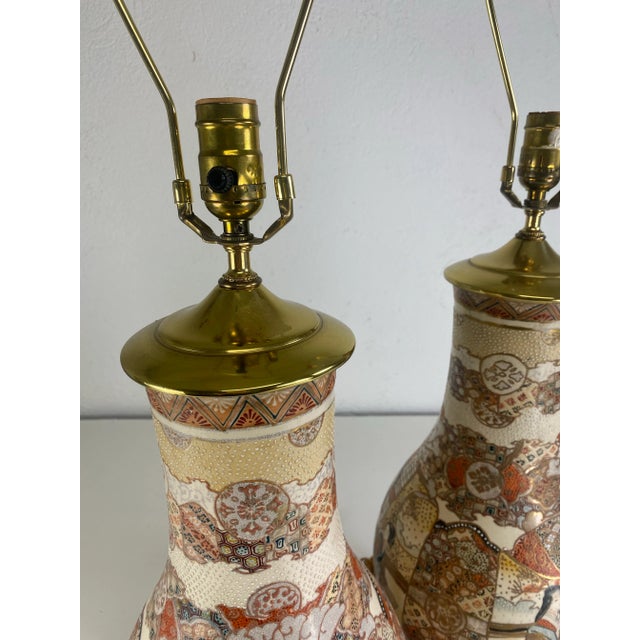 Tan Vintage Hand Painted Large Satsuma Table Lamps. For Sale - Image 8 of 10