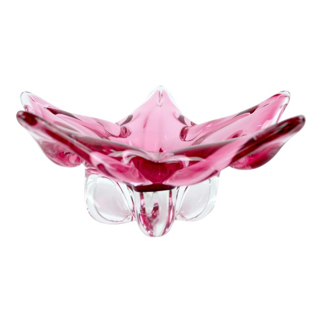 Josef Hospodka Chribska Glassworks, Czech Pink Star Flower Footed Glass Dish For Sale