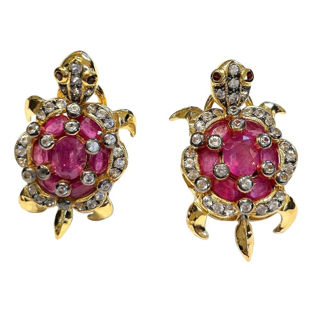 Bochic "Orient" Vintage Ruby & White Topaz Turtle Earrings Set 18K Gold & Silver, A Pair For Sale