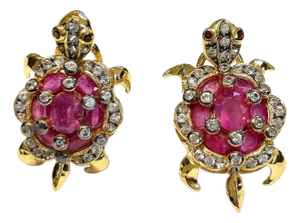 Bochic "Orient" Vintage Ruby & White Topaz Turtle Earrings Set 18K Gold & Silver, A Pair