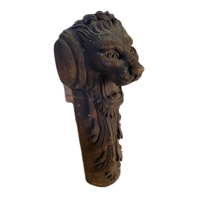 Antique Hand Carved Wood Lion Head 14"x5" Architectural Salvage Corbel Pilaster Fragment For Sale