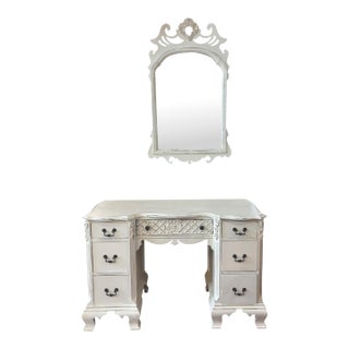 White Distressed French Country Gustavian Style Vanity & Matching Scroll Mirror For Sale