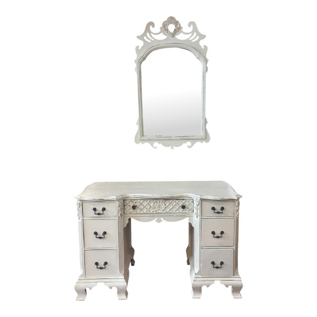 White Distressed French Country Gustavian Style Vanity & Matching Scroll Mirror For Sale