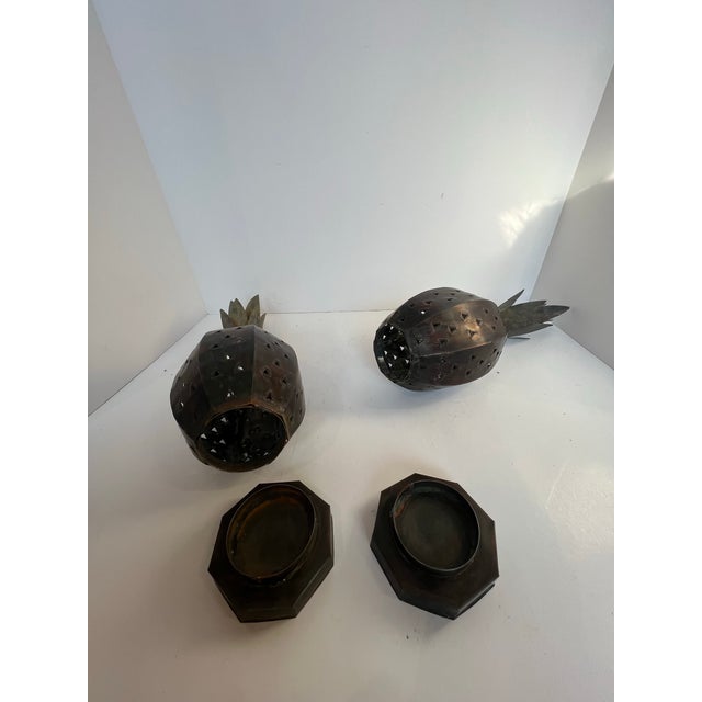 Vintage Mexican Punched Tin Pineapple Lantern Votive Candle Holders – Hojalata Folk Art a Pair For Sale - Image 10 of 11