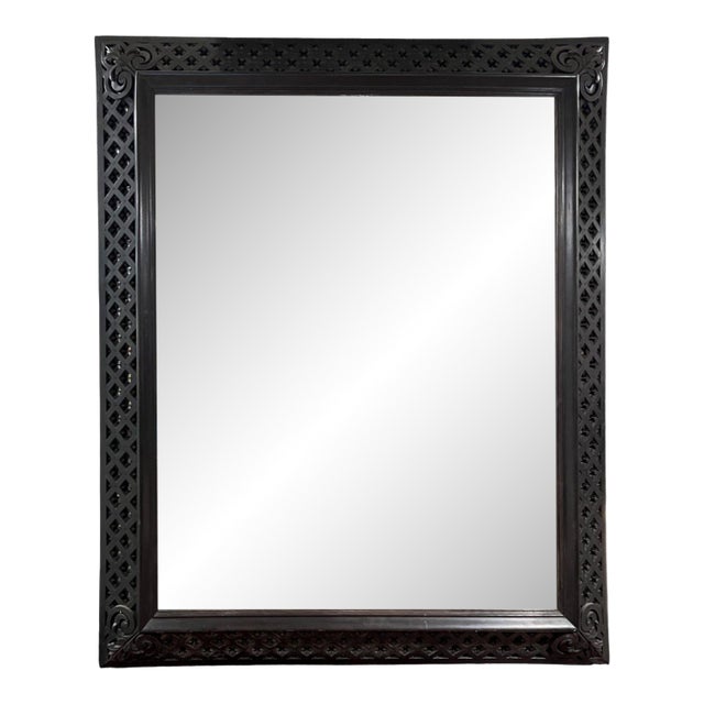 19c French Antique Napoleon III Black Mirror With Detail Carving For Sale