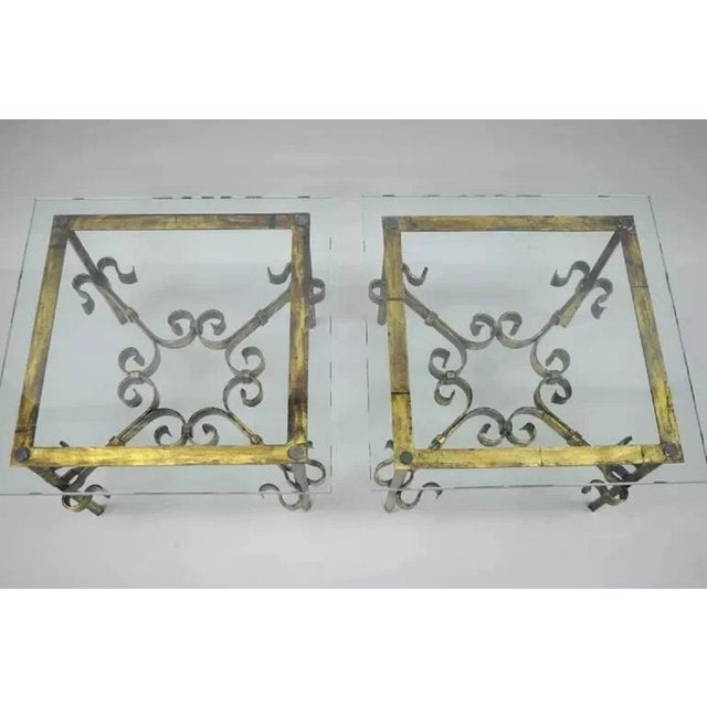 Vintage Spanish Hollywood Regency Gold Gilt Iron Square Glass End Tables - Pair For Sale In Philadelphia - Image 6 of 9