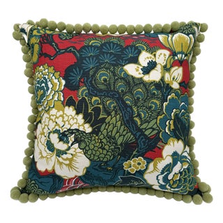Schumacher Shanghai Pillow Cover in Peacock With Green Pom Trim For Sale