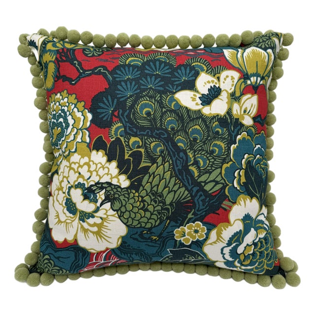 Schumacher Shanghai Pillow Cover in Peacock With Green Pom Trim For Sale