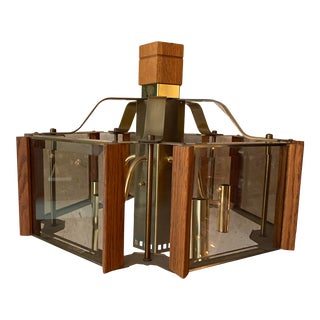 Vintage 1960s Fredrick Ramond Brass and Wood Chandelier For Sale