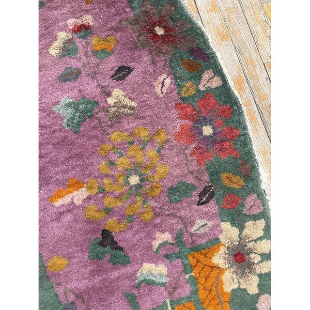 1920s Antique Purple Floral Modernist Chinese Handknotted Art Deco Wool Oval Rug For Sale - Image 4 of 6